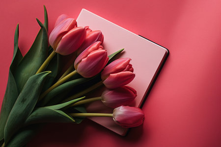 top view of bouquet of pink tulips and notebook on red backgroundの素材