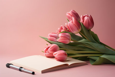 Bouquet of pink tulips with notebook and pen on pink backgroundの素材