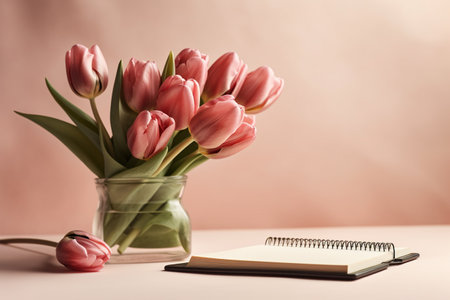 Bouquet of pink tulips in vase and notebook on tableの素材