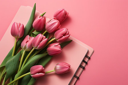Bouquet of pink tulips and notebook on a pink backgroundの素材