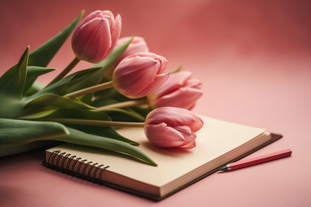 Pink tulips on a pink background with a notebook and a pencilの素材