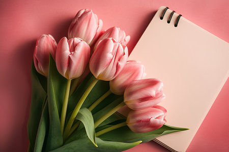 Bouquet of pink tulips and blank notebook on pink backgroundの素材