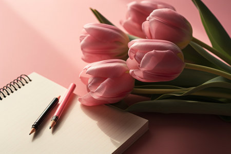 Bouquet of pink tulips with notebook and pen on pink backgroundの素材