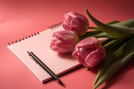 Bouquet of pink tulips and a notebook on a pink backgroundの素材