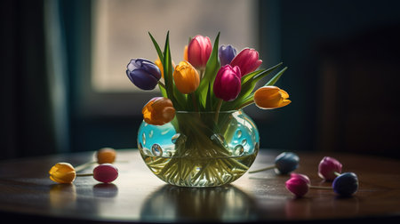 Bouquet of tulips in a glass vase on the tableの素材