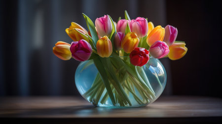 Bouquet of tulips in a vase on a wooden table.の素材