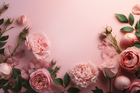 Beautiful flowers on pink background, flat lay. Space for textの素材