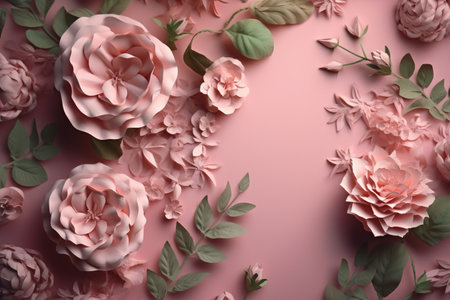 Paper flowers and leaves on pink background. Flat lay, top viewの素材