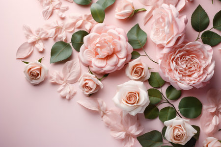 Beautiful pink roses and green leaves on pink background, top viewの素材