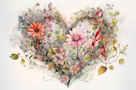 Watercolor painting of heart made of flowers and leaves on white backgroundの素材