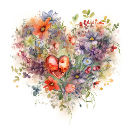 Watercolor bouquet of flowers in the shape of a heart.の素材