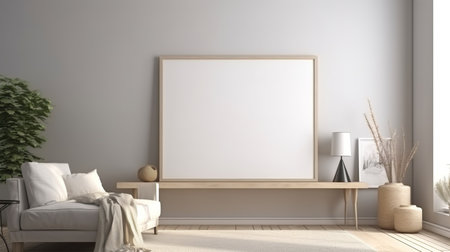 Interior of living room with mock up poster frame on the wall. 3d illustrationの素材