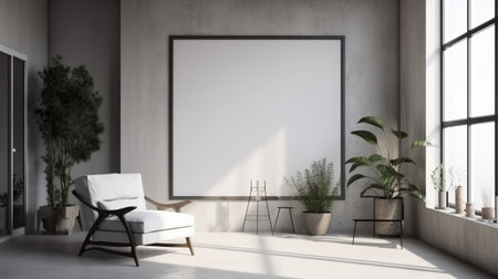 Interior of modern living room with white walls, concrete floor, white armchair and vertical mock up poster frame. 3d renderingの素材