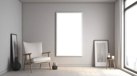 Interior of modern living room with white walls, wooden floor, white armchair and vertical mock up poster. 3d renderingの素材