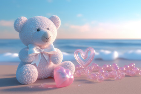 Teddy bear on the seashore with pink hearts. 3d renderingの素材