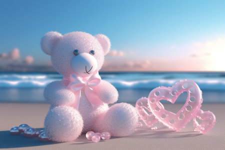 Teddy bear with pink heart on the beach. 3d renderingの素材