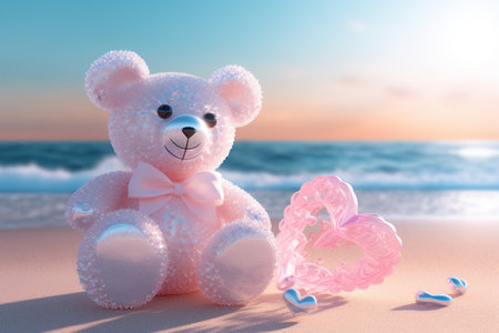 Teddy bear on the beach with pink heart - 3d renderの素材