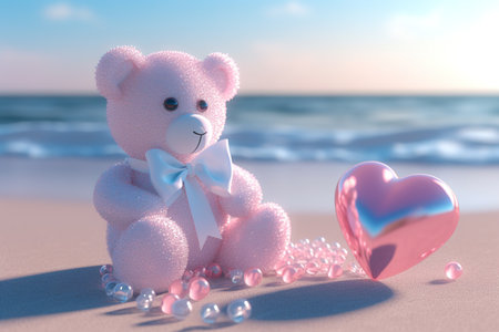 Teddy bear with pink heart on the beach. 3d renderingの素材