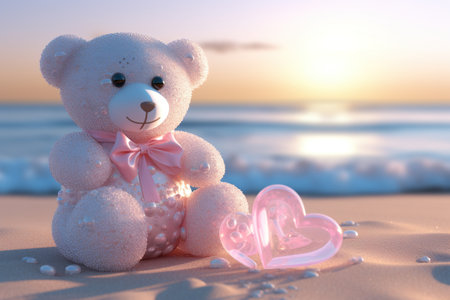 Teddy bear on the beach at sunset. Valentines day conceptの素材