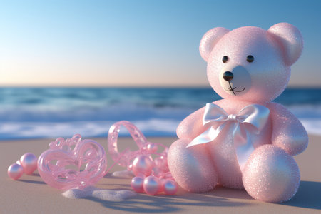 Pink teddy bear on the beach with pink beads. 3d renderingの素材