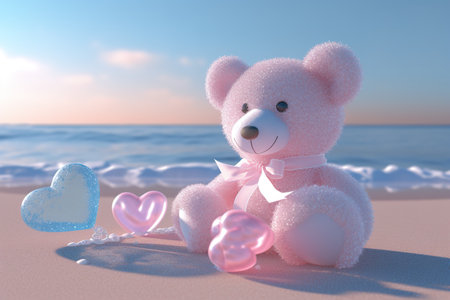 Teddy bear on the beach with hearts in the background. 3d renderingの素材