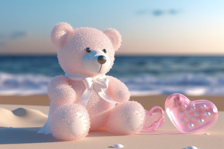 Teddy bear on the beach with heart. Valentines day conceptの素材