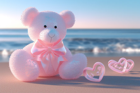 Teddy bear on the beach with hearts. 3d illustration.の素材