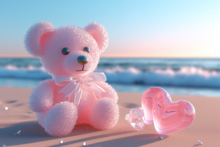 Pink teddy bear on the beach at sunset. 3d renderingの素材