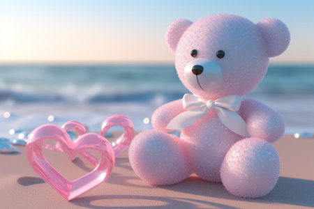 Pink teddy bear on the beach with hearts. 3d renderingの素材