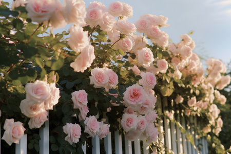 White and pink roses on a white fence in the garden at sunsetの素材