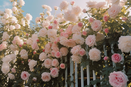 White and pink roses on the fence in the garden, vintage tonedの素材