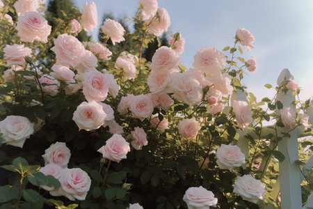 Pink roses in the garden on a background of blue sky with cloudsの素材