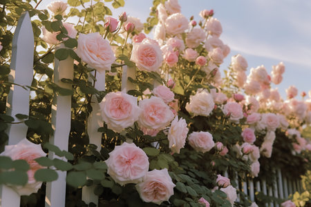 Pink and white roses on the fence in the garden at sunset.の素材