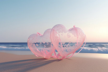 Two pink hearts on the beach. The concept of love and romance.の素材