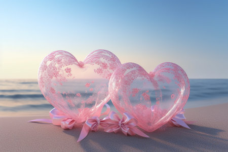 Two pink hearts on the sand by the sea. 3d renderの素材