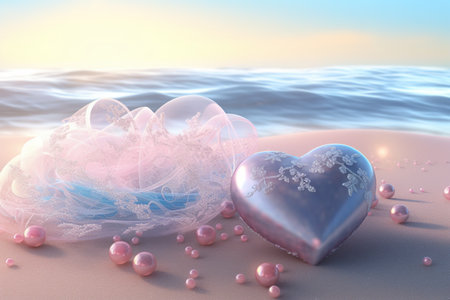 Heart on the beach. 3D render. Valentines day conceptの素材