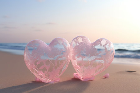 Two glass hearts on the beach. Valentine's day concept. 3D Renderingの素材