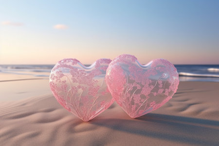 Valentine's day background with hearts on the beach. 3d renderの素材