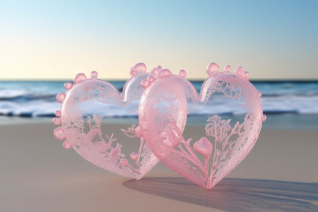 Two pink hearts on the beach. 3D render. Valentines day backgroundの素材