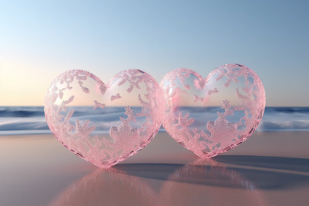 Pink heart on the beach. Valentines day background. 3d renderの素材