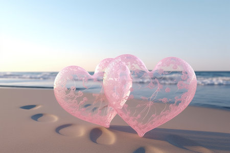 Two pink hearts on the beach. 3d render. Love conceptの素材