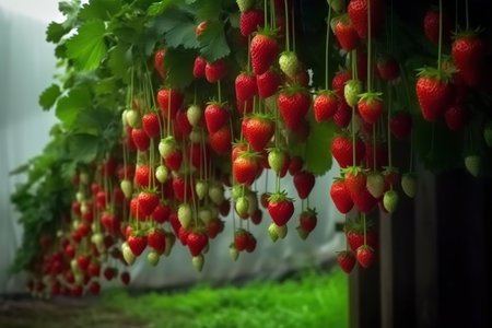 Strawberries in a greenhouse on a background of green grass.の素材