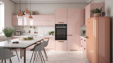 3d Illustration of pink modern kitchen in a house with a beautiful designの素材
