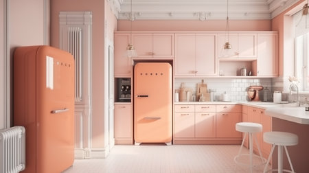 3d Illustration of a pink modern kitchen in a loft styleの素材