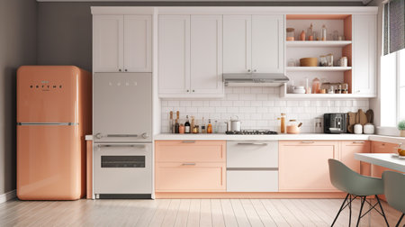 Kitchen interior with fridge, oven and stove. 3d renderingの素材
