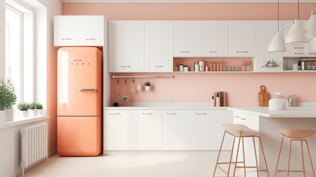 Kitchen interior with orange refrigerator, coffee table and chairs. 3d renderingの素材
