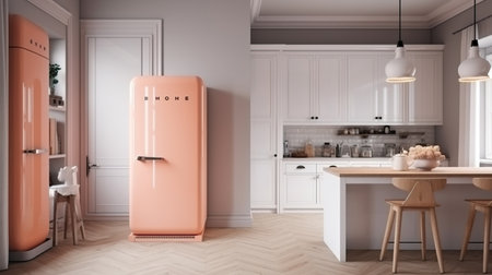 Modern kitchen interior with orange fridge. 3D Rendering mock upの素材