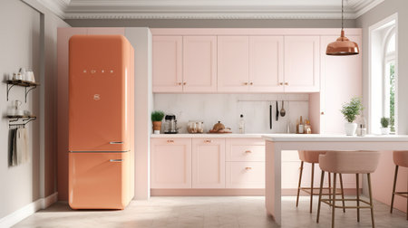 Kitchen interior design with orange fridge 3d render illustration mockupの素材