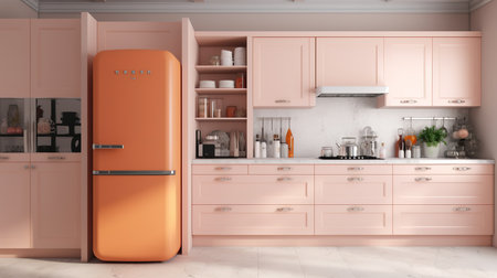 3D rendering of a modern kitchen in pink tones with orange fridgeの素材