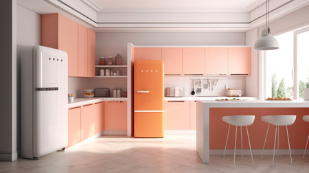 3d Illustration of orange modern kitchen in a house with a beautiful designの素材